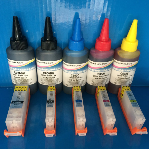 5 Refillable Canon Pixma Cartridge 500ml Ink iP7250 MG 5450 6350 PGI 550 CLI 551