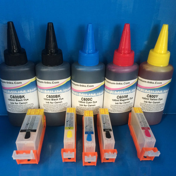 5 REFILLABLE CARTRIDGES +5X100ML PIGMENT/DYE INK FOR CANON PGI-525BK CLI-526 B/C/M/Y Non OEM