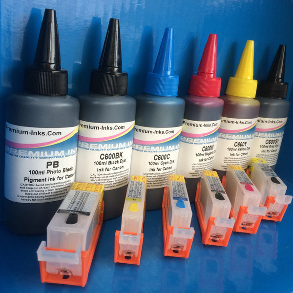 6 REFILLABLE CARTRIDGES +6X100ML PIGMENT/DYE INK FOR CANON PGI-525BK CLI-526 B/C/M/Y/G Non OEM