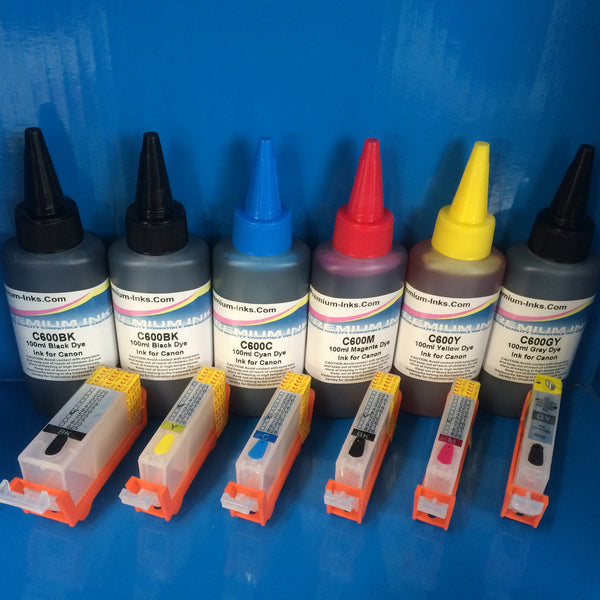 6 REFILLABLE CARTRIDGES + 600ML DYE INK FOR CANON PGI-525BK CLI-526 B/C/M/Y/G Non OEM