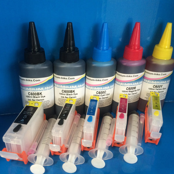 5 REFILLABLE CARTRIDGES + 500ml DYE REFILL INK FOR CANON CLI-8 PGI-5 PGI5 CLI8