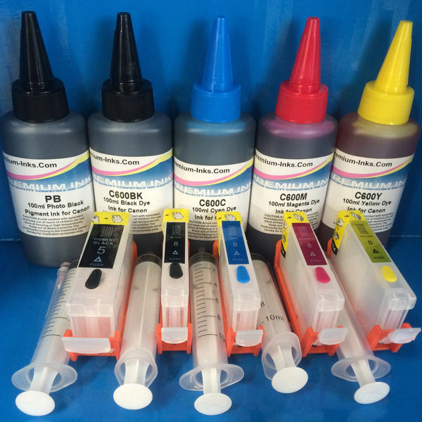 5 REFILLABLE CARTRIDGES + 500ml PIGMENT/DYE REFILL INK FOR CANON CLI-8 PGI-5 Non OEM