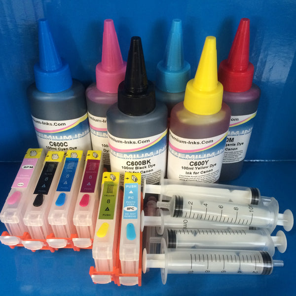 6 REFILLABLE CARTRIDGES + 600ml DYE REFILL INK FOR CANON CLI-8 BK/C/M/Y/PC/PM