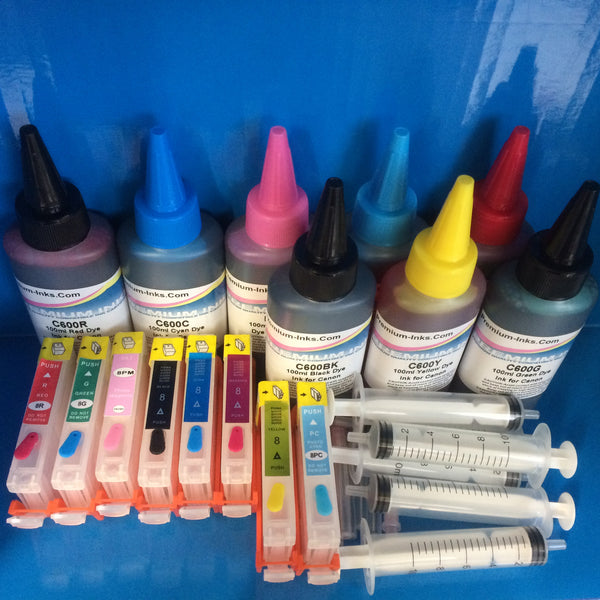 8 REFILLABLE CARTRIDGES + 800ml DYE REFILL INK FOR CANON Pro 9000 Mk II CLI-8 BK/C/M/Y/PC/PM/R/G