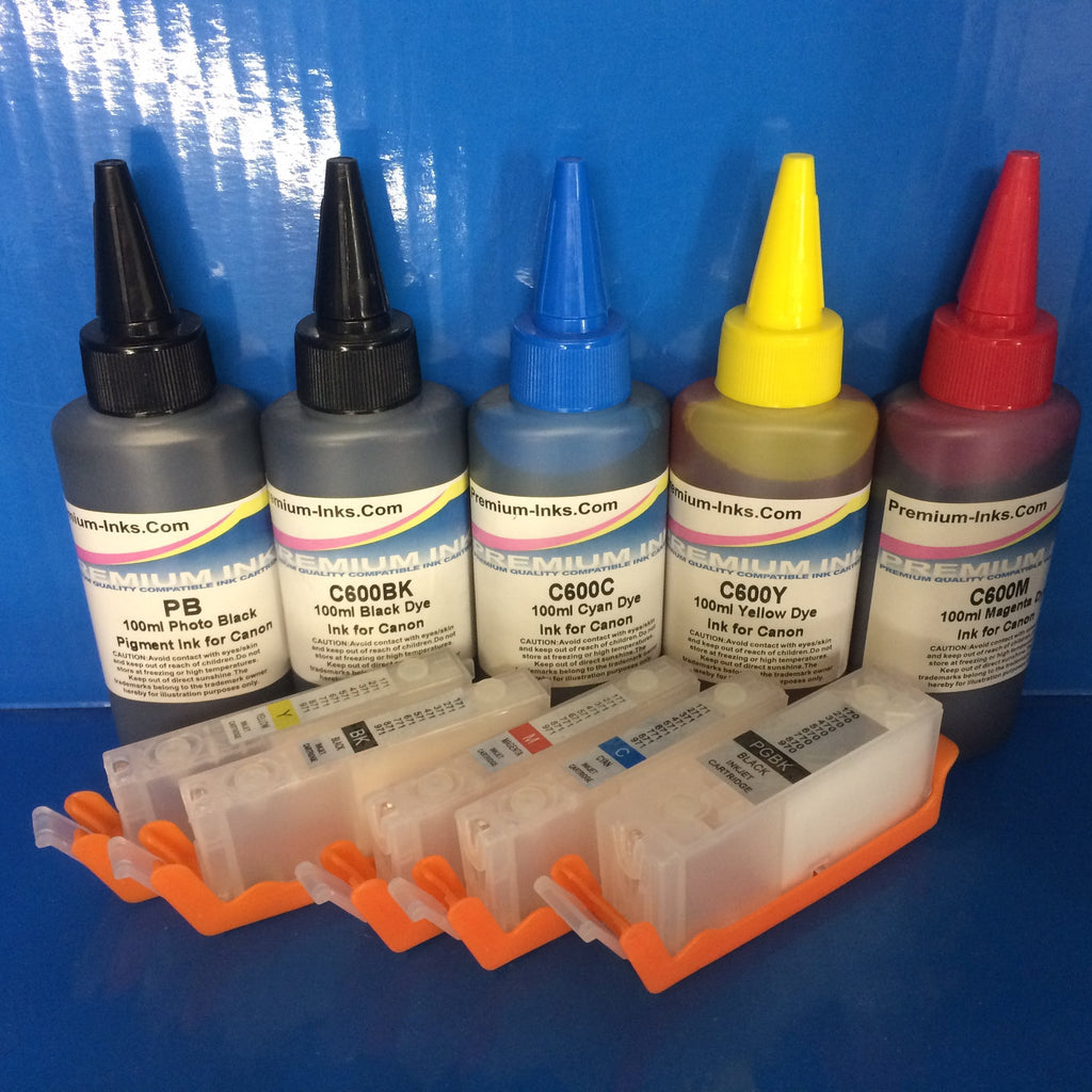 REFILLABLE CARTRIDGES + 5X100ML PIGMENT/DYE INK FOR CANON PGI-570 BK CLI-571